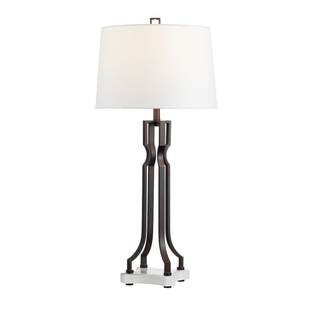34"H Aged Bronze Metal And Marble Table Lamp With Linen Shade. Picture 2