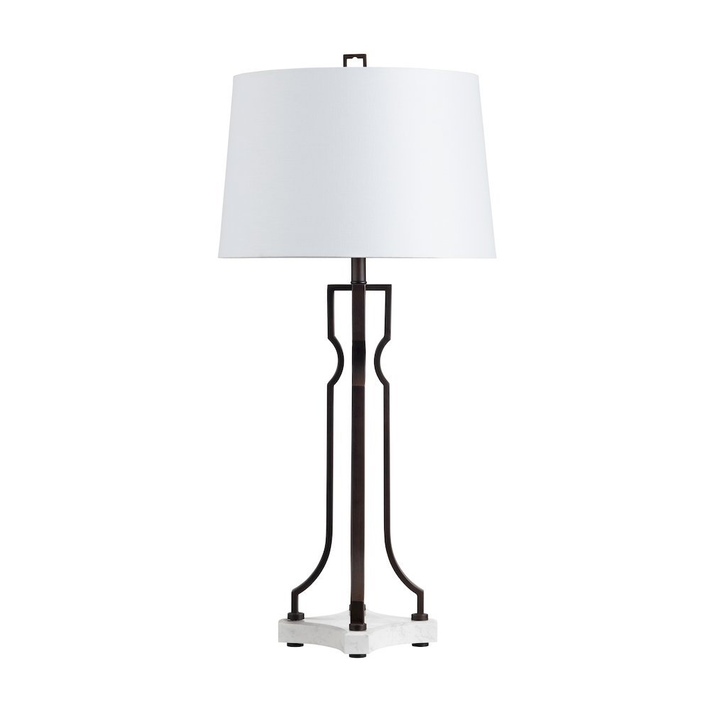34"H Aged Bronze Metal And Marble Table Lamp With Linen Shade. Picture 1