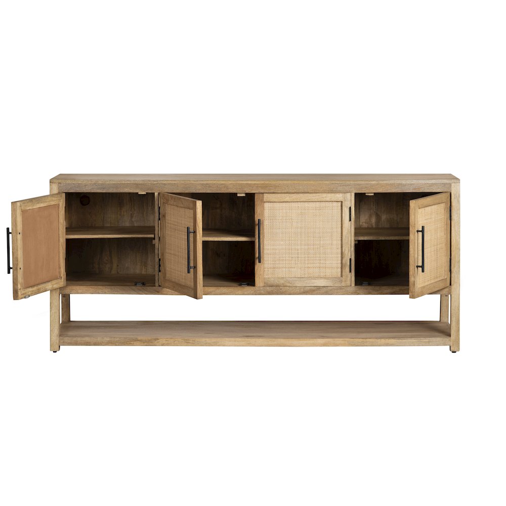 76" Solid Wood & Rattan 4-Door Media Credenza. Picture 3