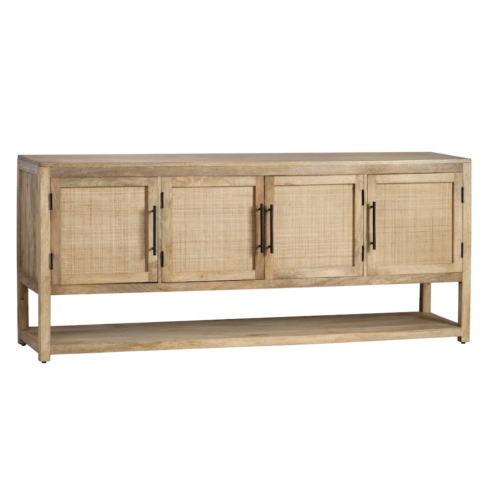 76" Solid Wood & Rattan 4-Door Media Credenza. Picture 1