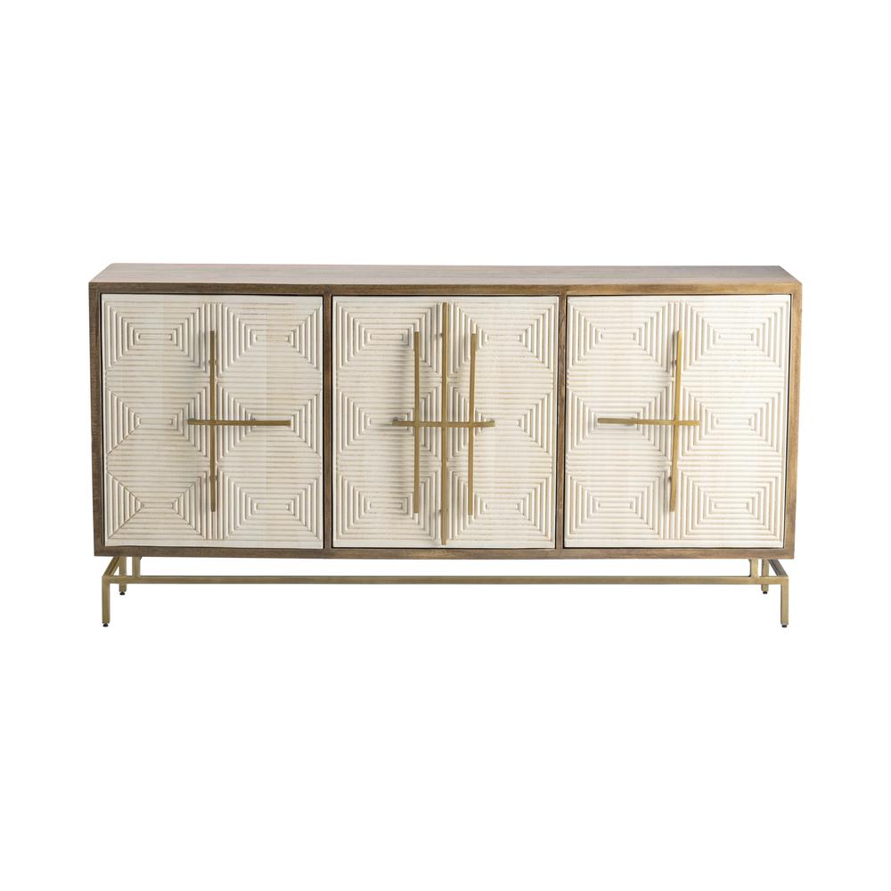 Bengal Manor Mango Wood 3 White Pattern Door Sideboard with Unique Antique Gold Hardware. Picture 2