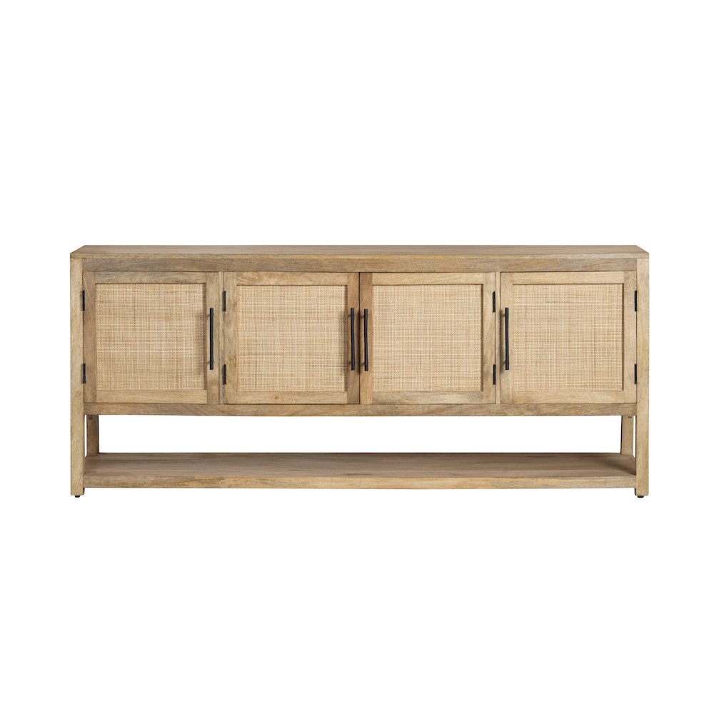 76" Solid Wood & Rattan 4-Door Media Credenza. Picture 2