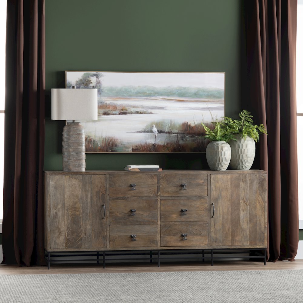 80" Solid Wood & Metal 2-Door, 6-Drawer Media Credenza. Picture 6