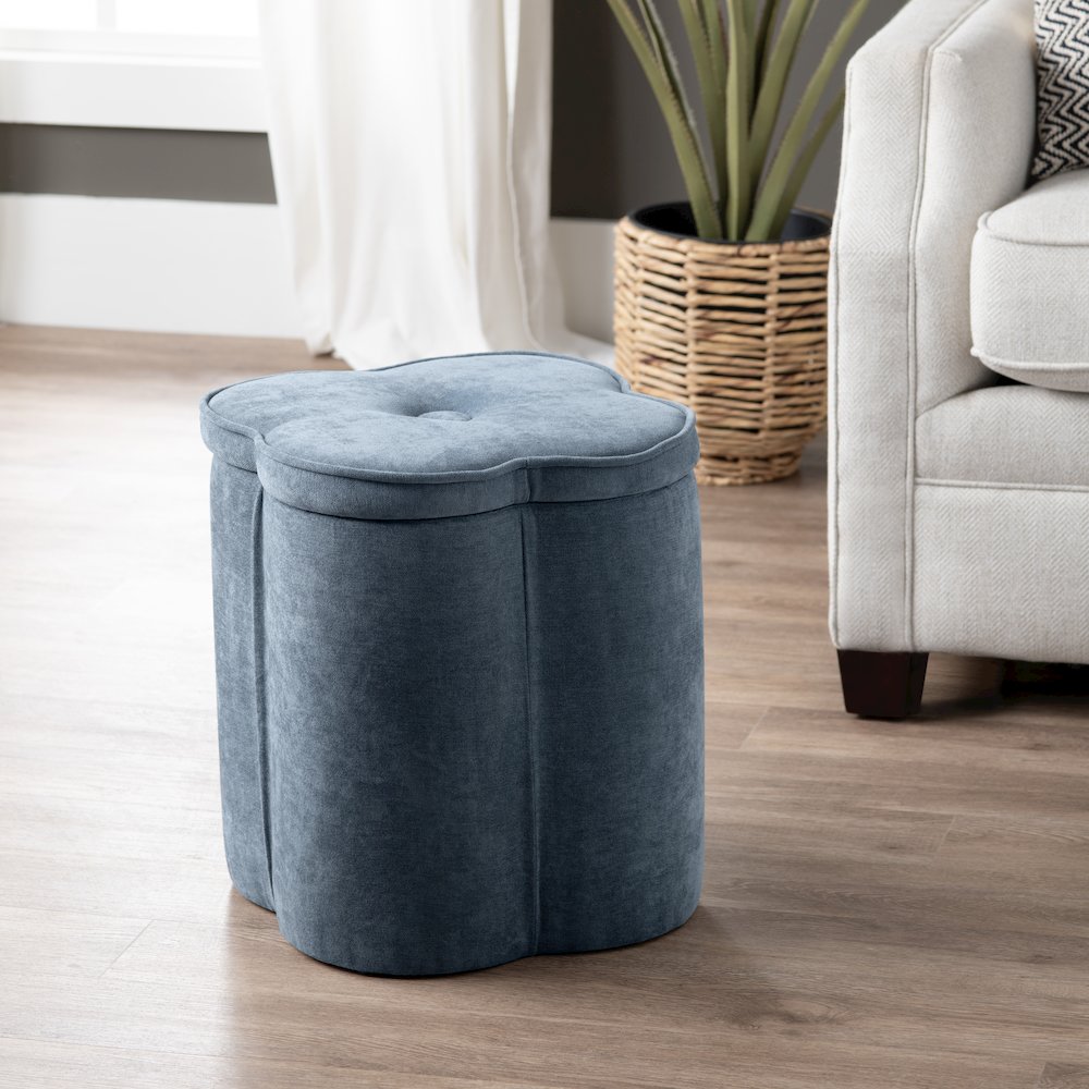 Navy Blue Chenille Flower Ottoman W/ Storage. Picture 5