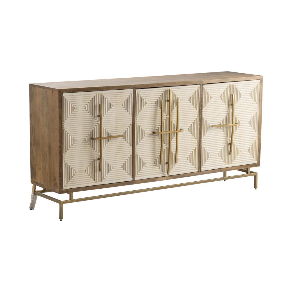 Bengal Manor Mango Wood 3 White Pattern Door Sideboard with Unique Antique Gold Hardware. Picture 1