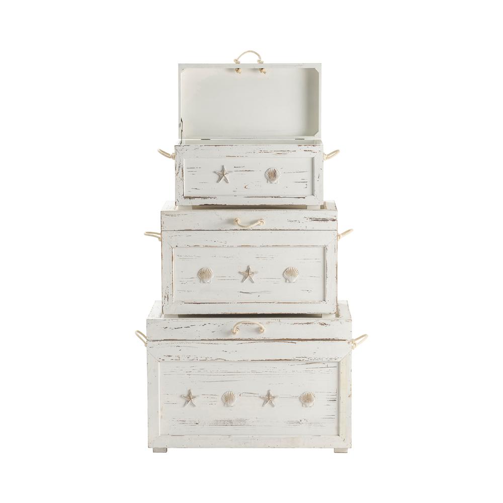 Crestview Collection Seaside White Shell Set of 3 Trunks Furniture, Gray. Picture 1