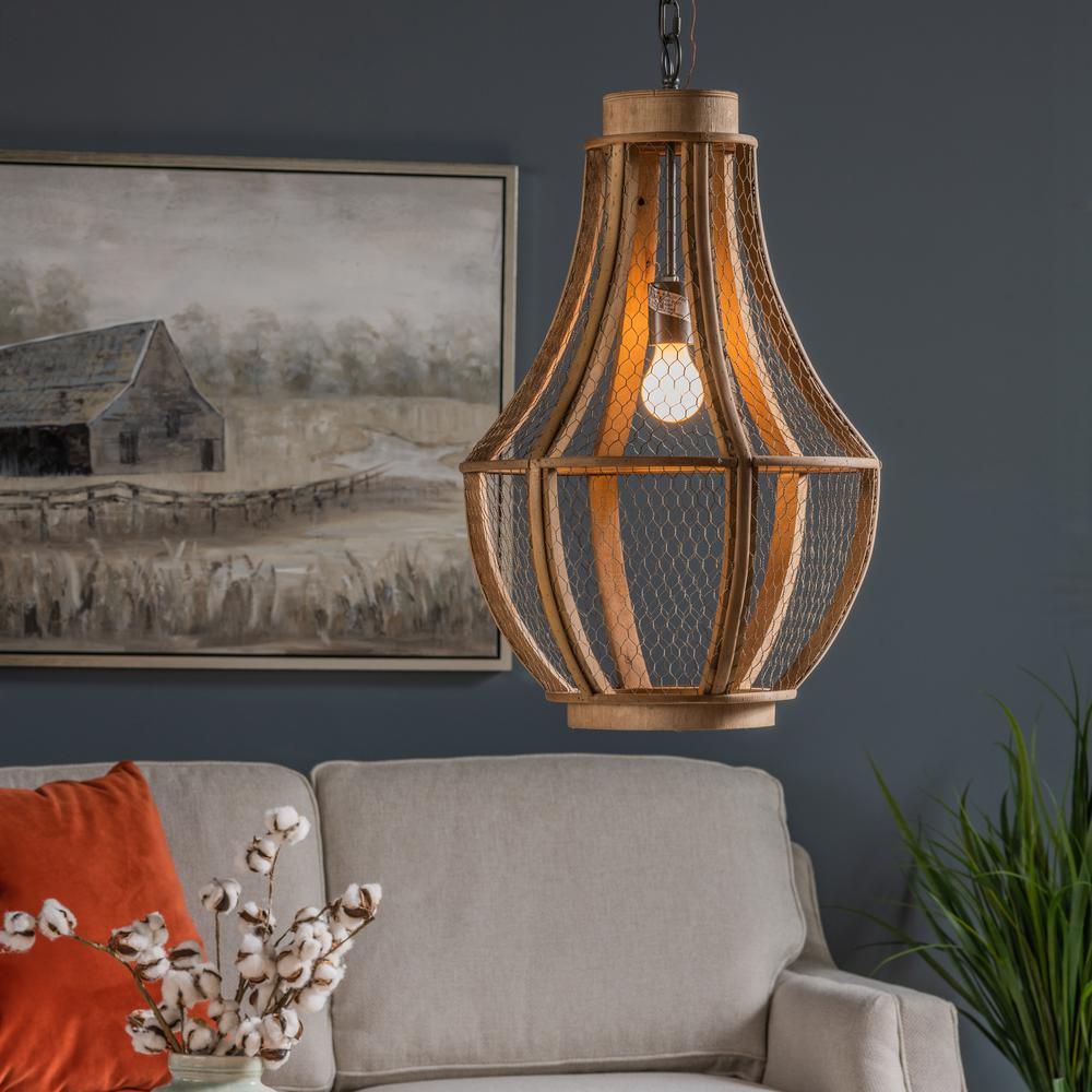 Brown Deja Single Light Metal and Wood Pendant. Picture 3