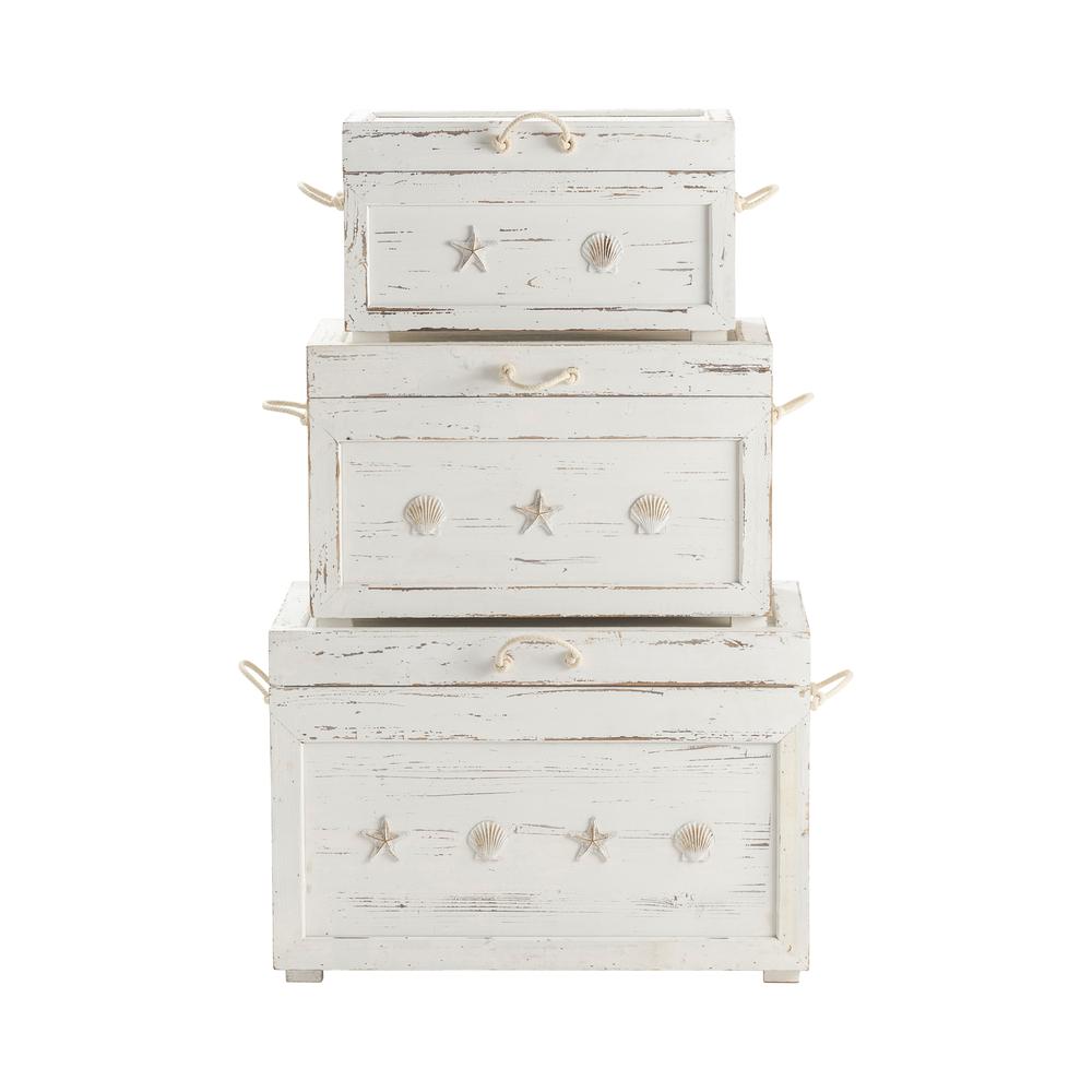 Crestview Collection Seaside White Shell Set of 3 Trunks Furniture, Gray. Picture 4