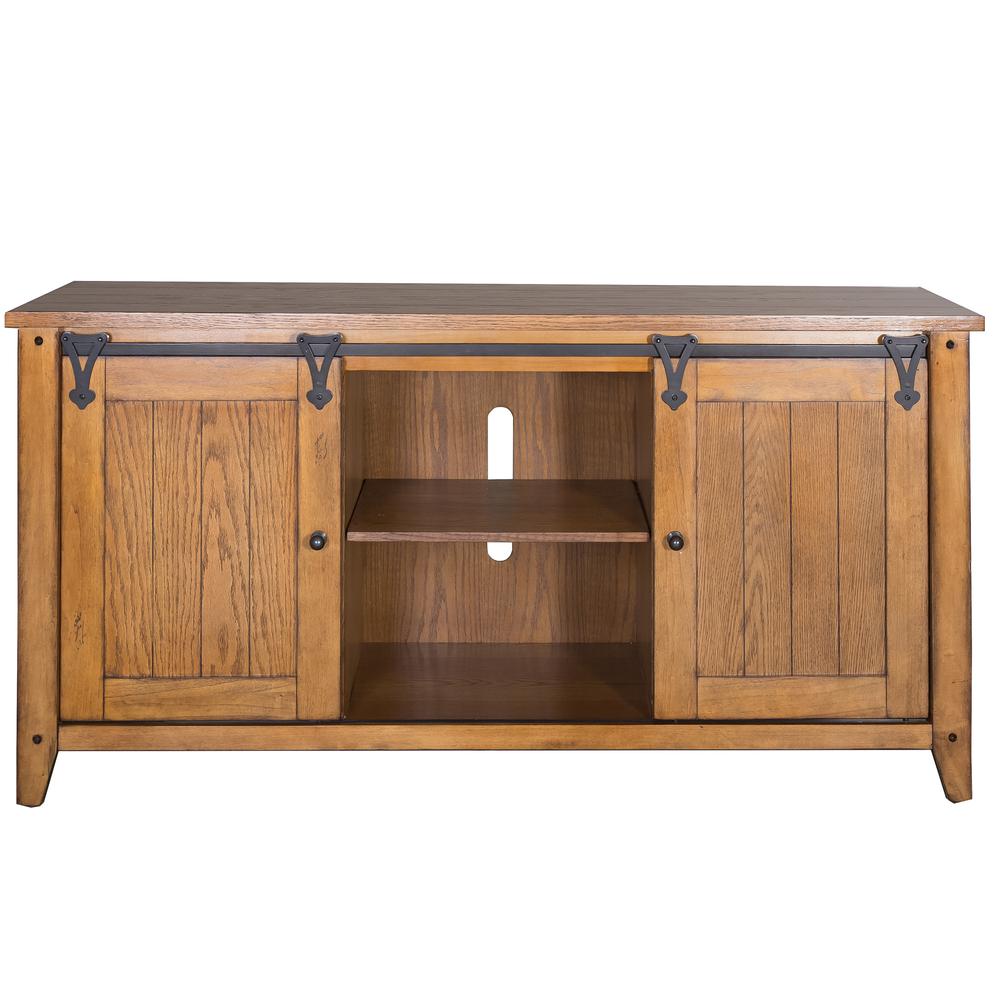 Lake House TV Console in Oak. Picture 1