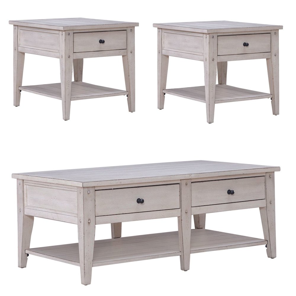 Lake House 3 Piece Table Set - Drawer Cocktail, 2 End Tables, White Oak. Picture 3