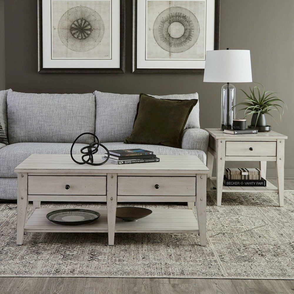 Lake House 3 Piece Table Set - Drawer Cocktail, 2 End Tables, White Oak. Picture 2