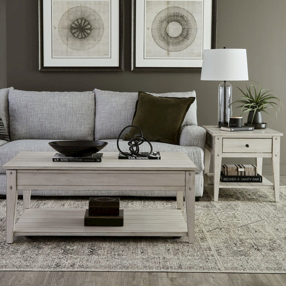 Lake House Opt 3 Piece Table Set - Lift Top Cocktail, 2 End Tables, White Oak. Picture 3