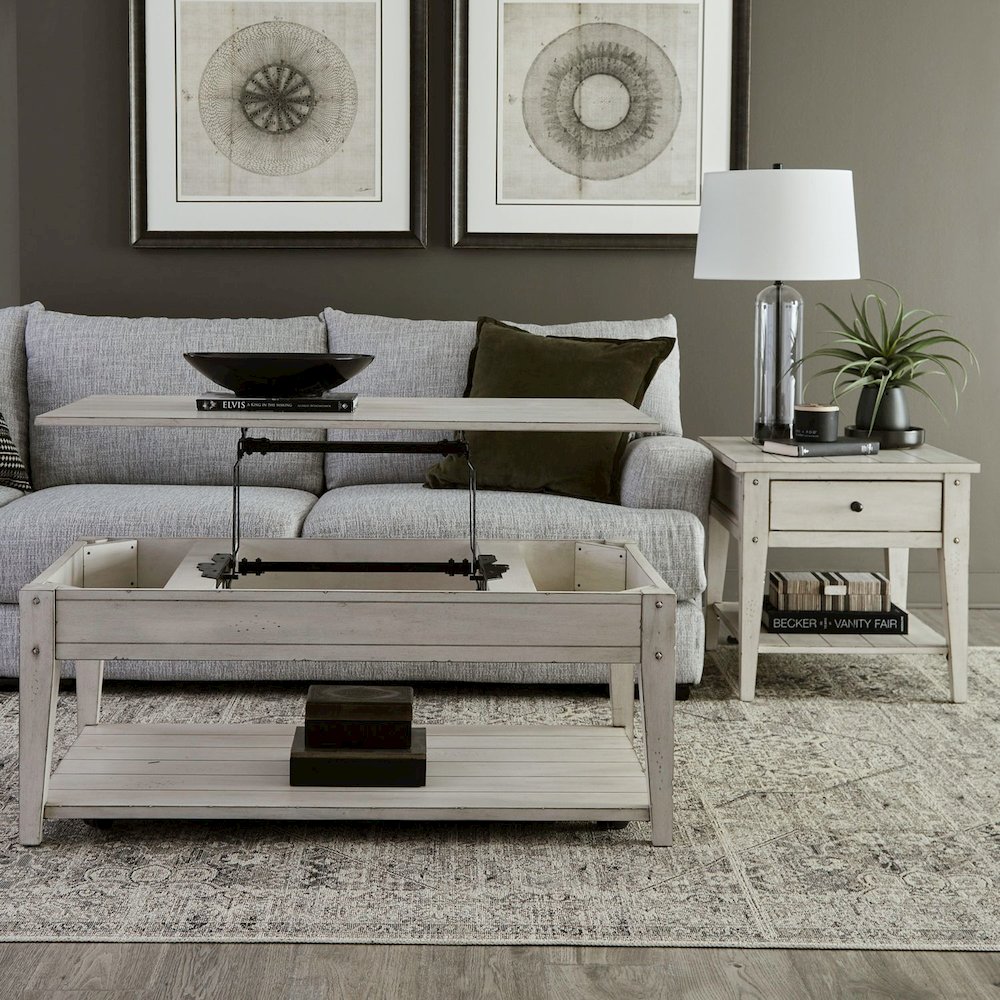 Lake House Opt 3 Piece Table Set - Lift Top Cocktail, 2 End Tables, White Oak. Picture 2