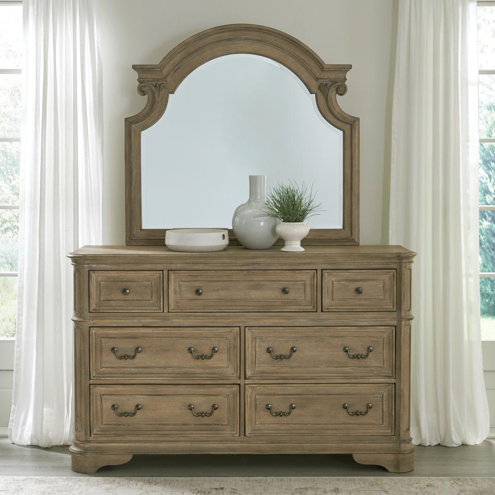 Magnolia Manor Queen Upholstered Bed, Dresser & Mirror - Weathered Bisque. Picture 3