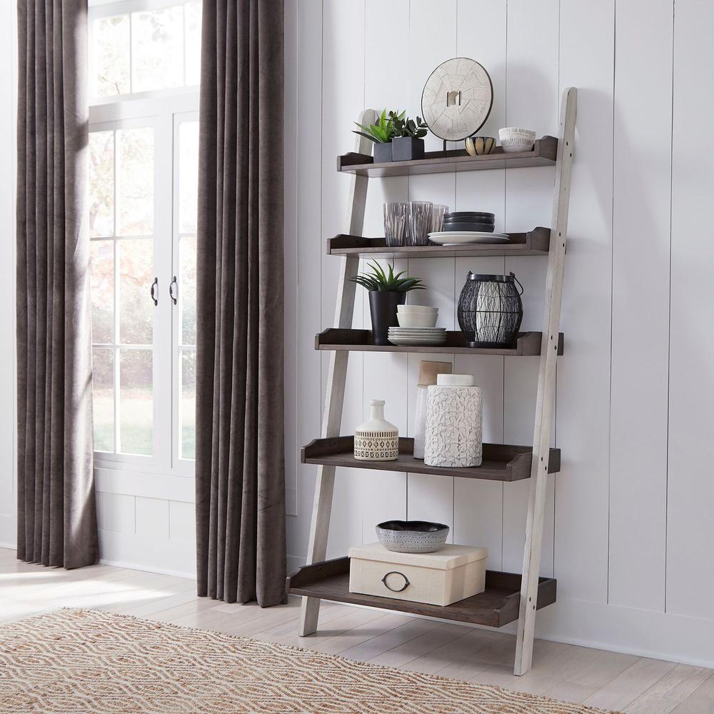 Farmhouse Leaning Bookcase in Two Tone White w/ Wood Tone Top. Picture 4