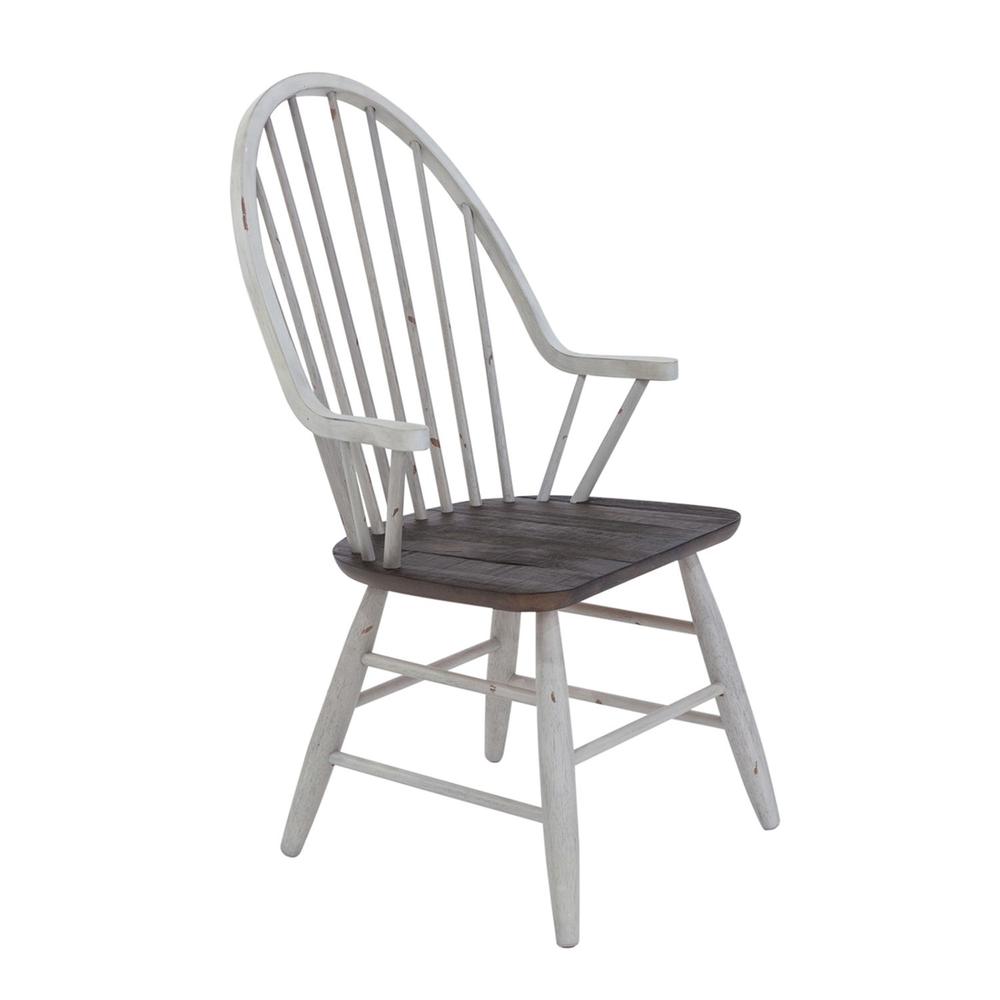 Farmhouse Windsor Back Arm Chair in Two Tone White w/ Wood Tone Top. Picture 1
