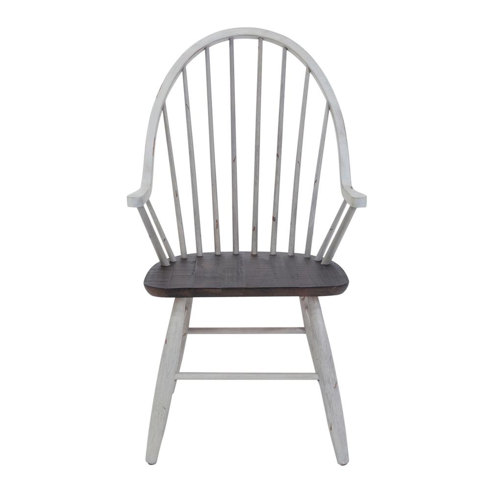 Farmhouse Windsor Back Arm Chair in Two Tone White w/ Wood Tone Top. Picture 3