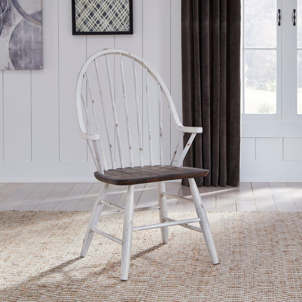 Farmhouse Windsor Back Arm Chair in Two Tone White w/ Wood Tone Top. Picture 2