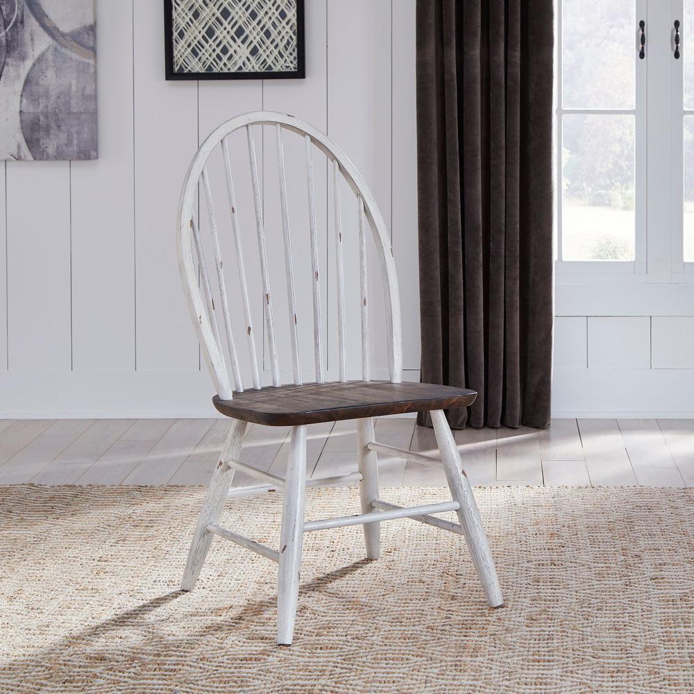 Farmhouse Windsor Back Side Chair in Two Tone White w/ Wood Tone Top. Picture 3