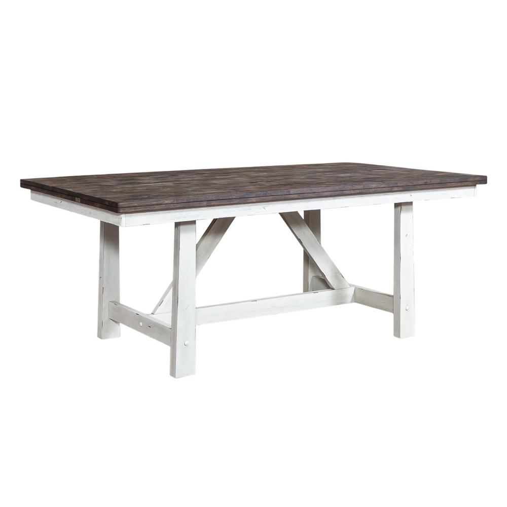 Farmhouse Fixed Top Trestle Table in Two Tone White w/ Wood Tone Top. Picture 1