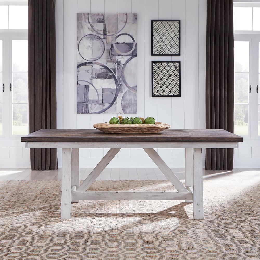 Farmhouse Fixed Top Trestle Table in Two Tone White w/ Wood Tone Top. Picture 5