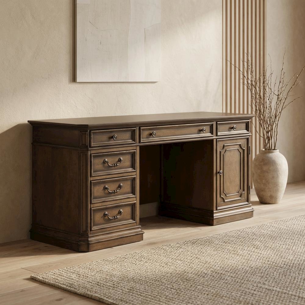 Traditional Antique Toffee Credenza with Wood Veneers and Spacious Storage. Picture 3