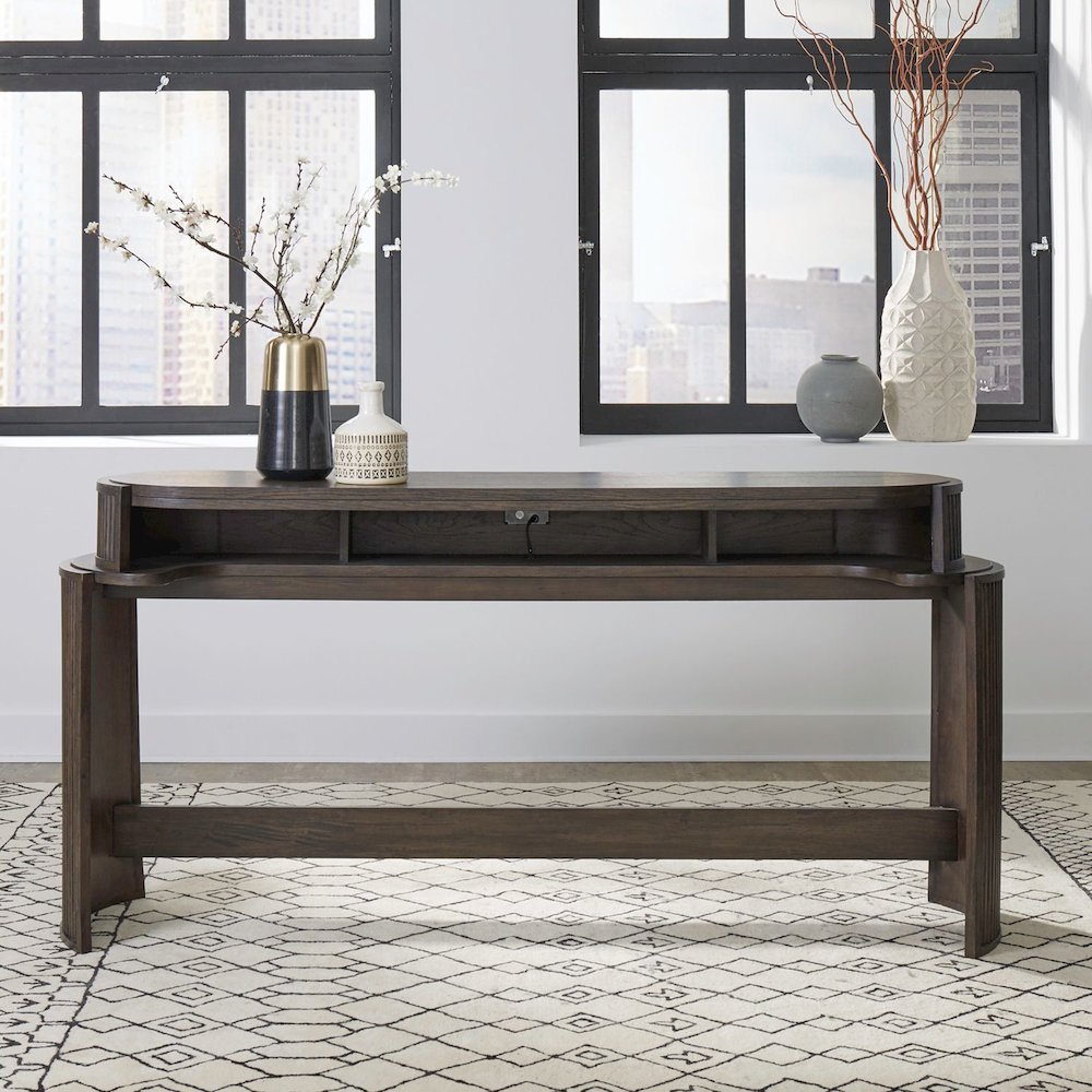 City View Console Bar Table with Charging Station - Coffee Bean Oak Wood. Picture 8