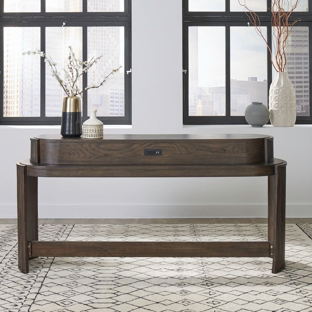 City View Console Bar Table with Charging Station - Coffee Bean Oak Wood. Picture 9