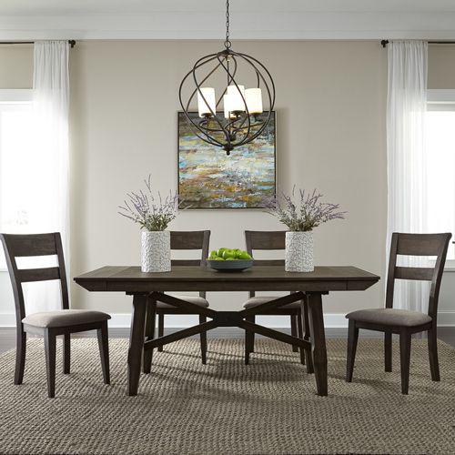 Double Bridge 5 Piece Trestle Table Set in Dark Chestnut. Picture 1