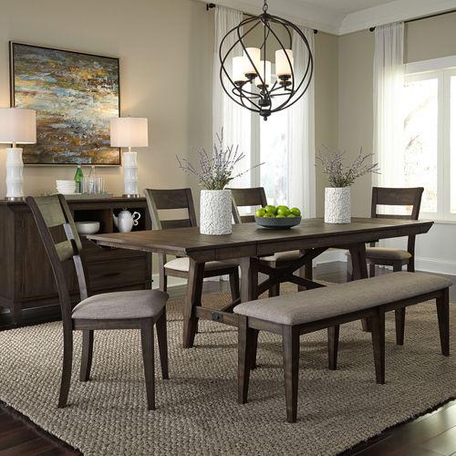 Double Bridge 6 Piece Trestle Table Set in Dark Chestnut. Picture 1