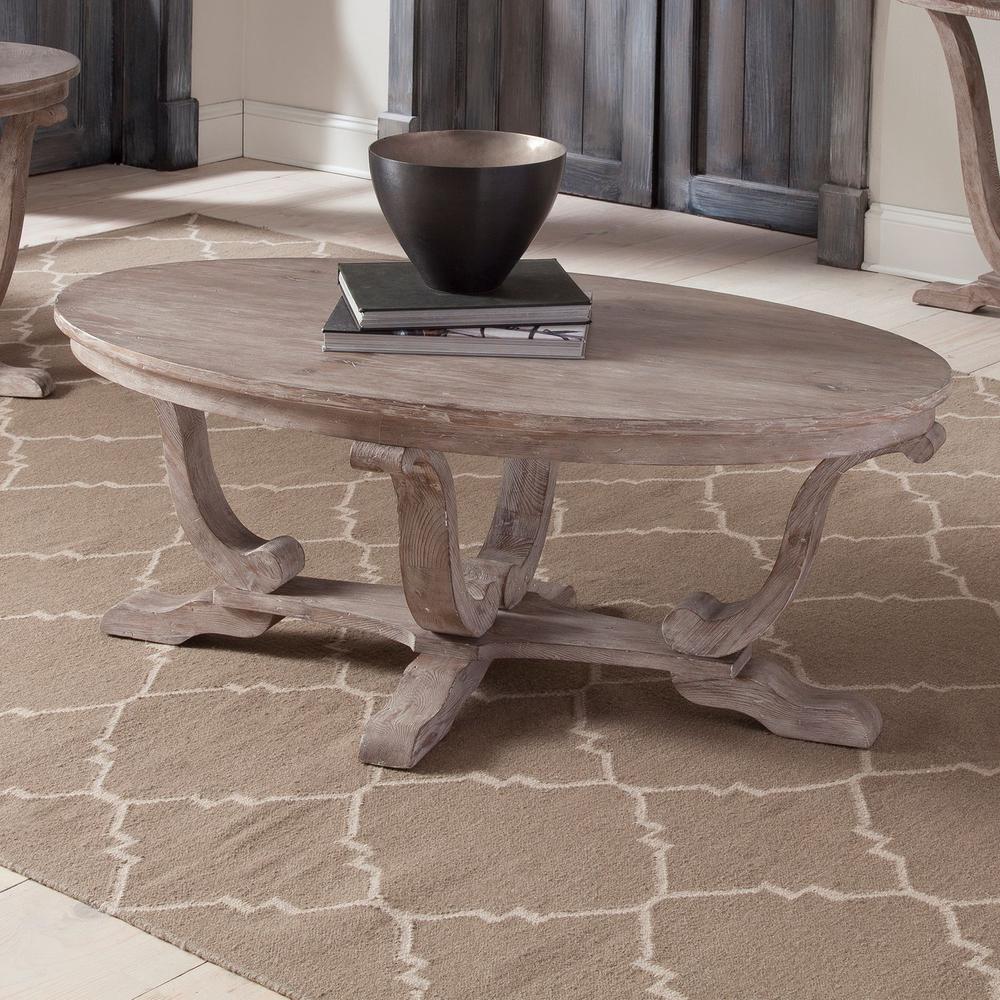 Greystone Mill Oval Cocktail Table in Stone White Wash w/ Wirebrush Distressing. Picture 6