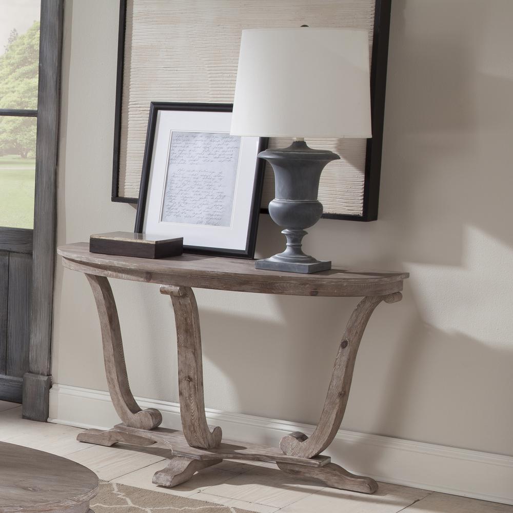 Greystone Mill Sofa Table in Stone White Wash w/ Wirebrush Distressing. Picture 2