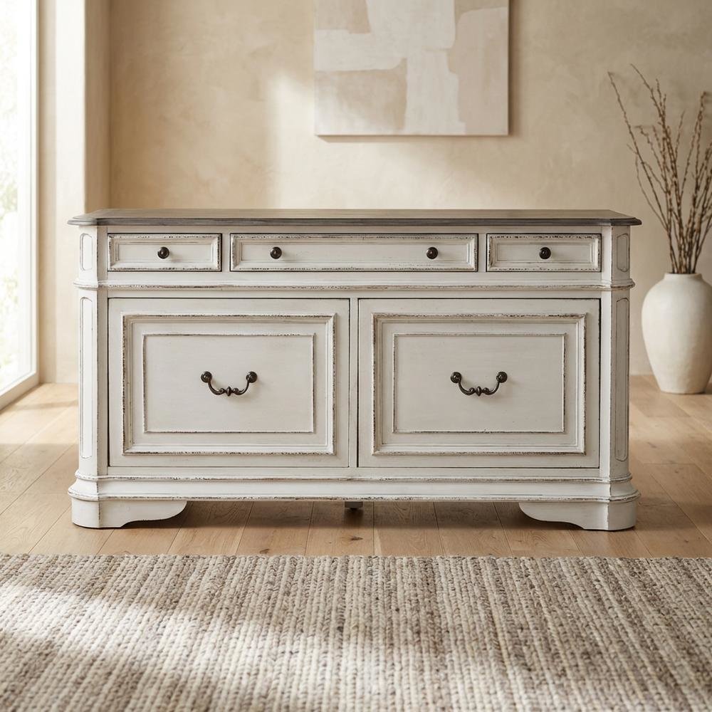 Antique White Credenza with Weathered Bark Finish, European Traditional Style. Picture 3