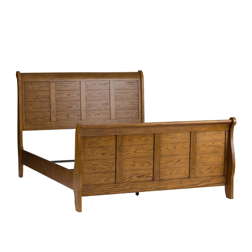 Grandpas Cabin Queen Sleigh Bed in Aged Oak. Picture 1