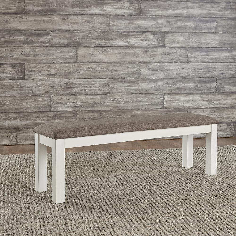 Brook Bay Upholstered Dining Bench in Textured White w/ Carbon Gray Top. Picture 2