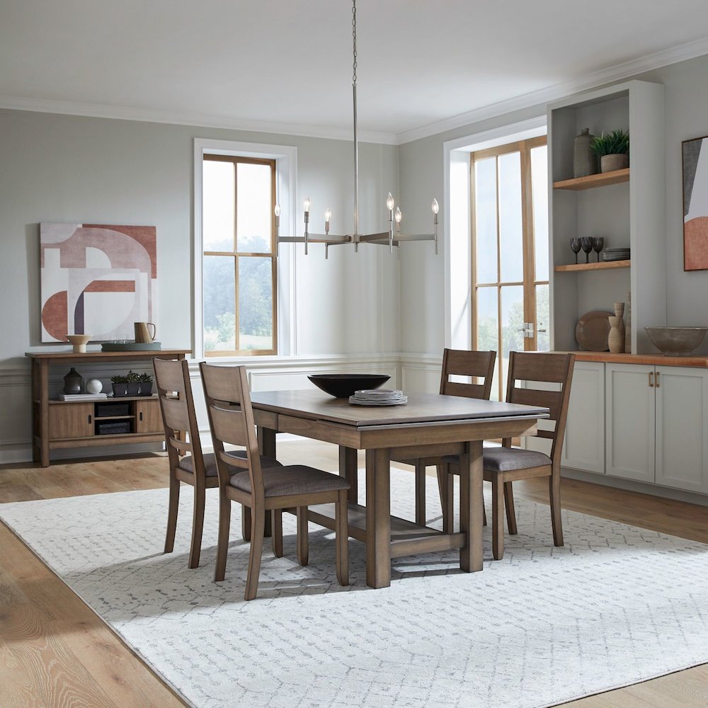 5 Pc Trestle Leaf Table Dining Room Set with 4 Slat Back Side Chairs - Sandstone. Picture 3