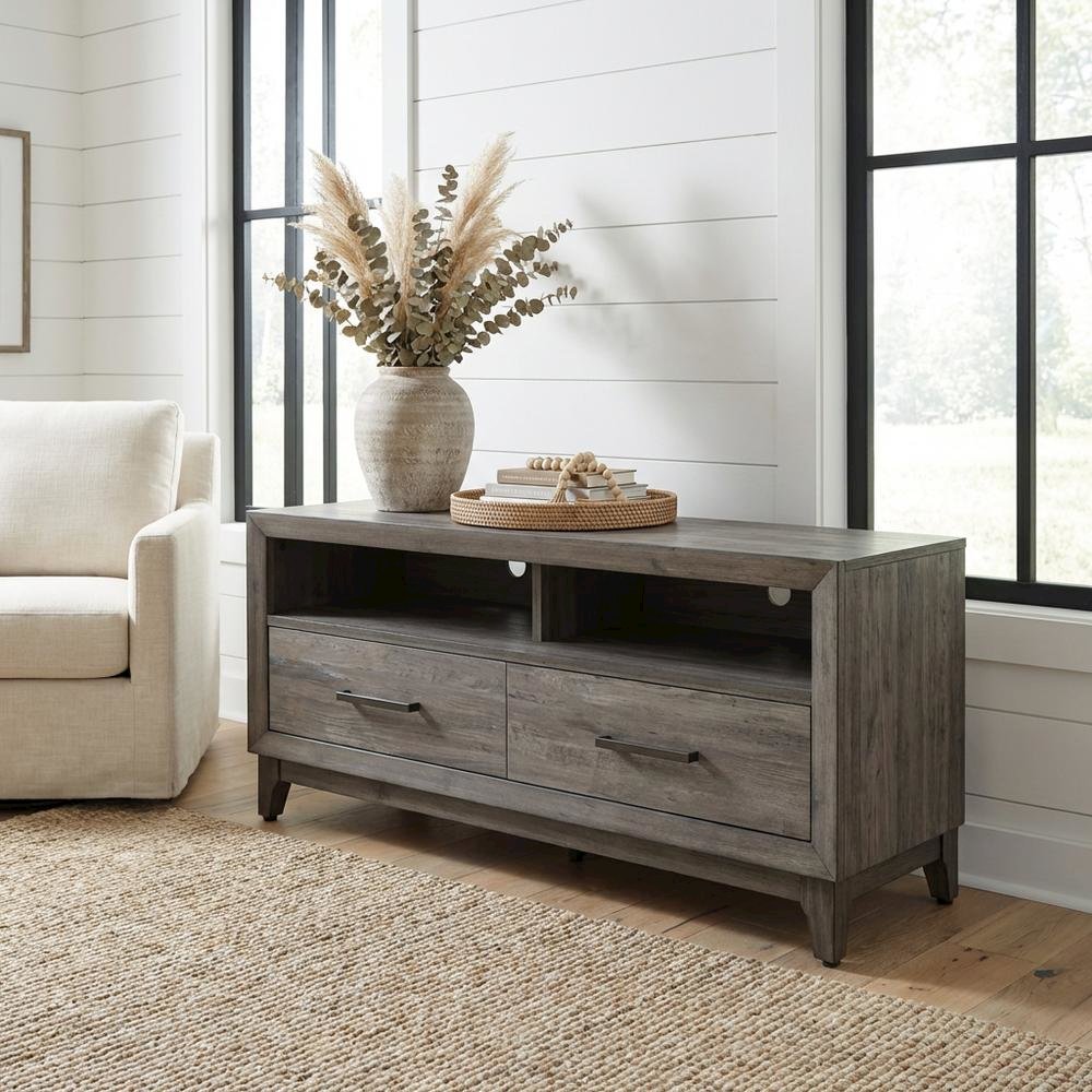Contemporary Driftwood Gray TV Console in Solid and Manufactured Wood. Picture 2