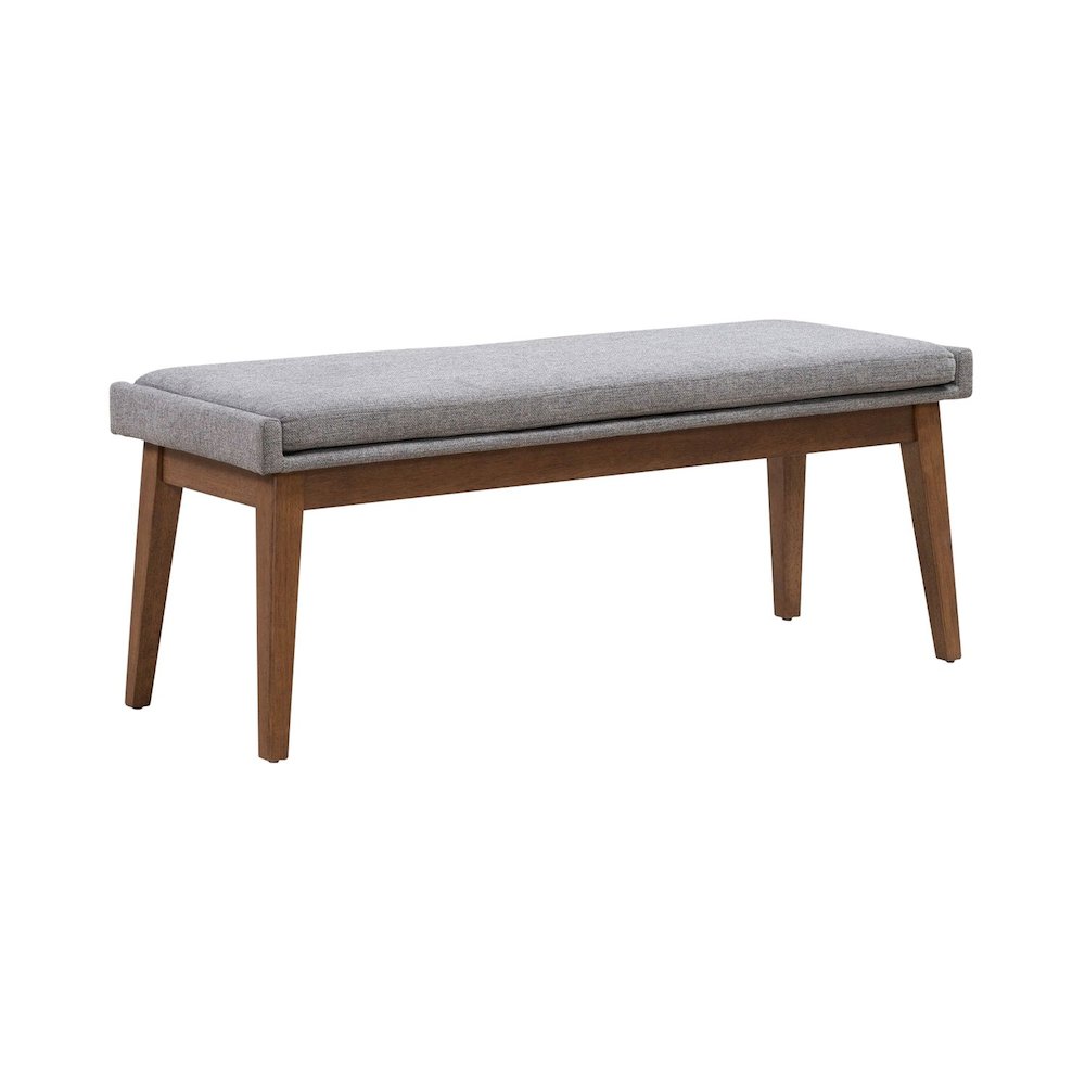 Grey Linen Upholstered Dining Bench with Removable Cushion - Satin Walnut. Picture 6