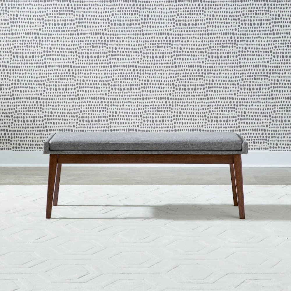 Grey Linen Upholstered Dining Bench with Removable Cushion - Satin Walnut. Picture 7