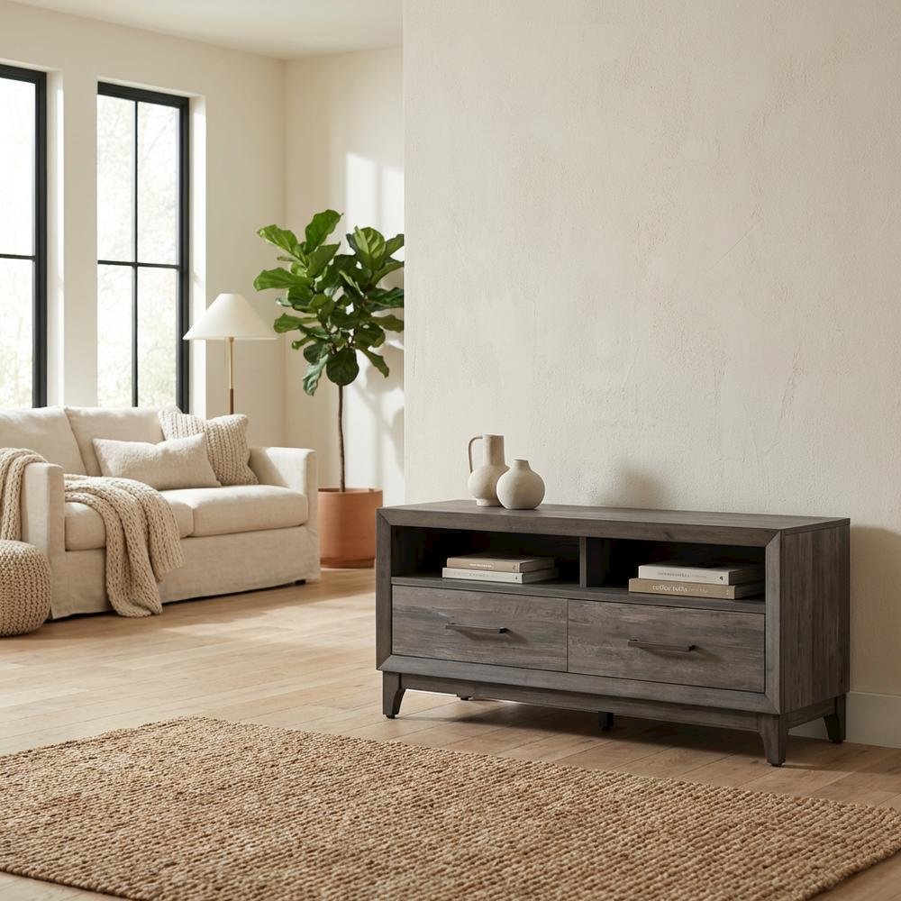 Contemporary Driftwood Gray TV Console in Solid and Manufactured Wood. Picture 3