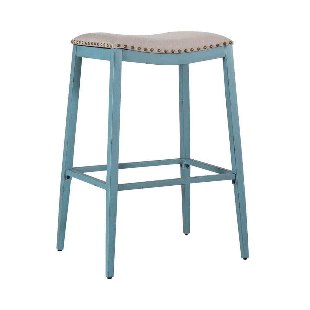 Vintage Series Backless Upholstered Barstool- Blue in Distressed Metal. Picture 1
