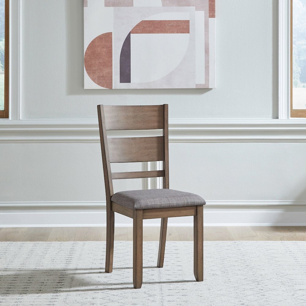 5 Pc Trestle Leaf Table Dining Room Set with 4 Slat Back Side Chairs - Sandstone. Picture 7