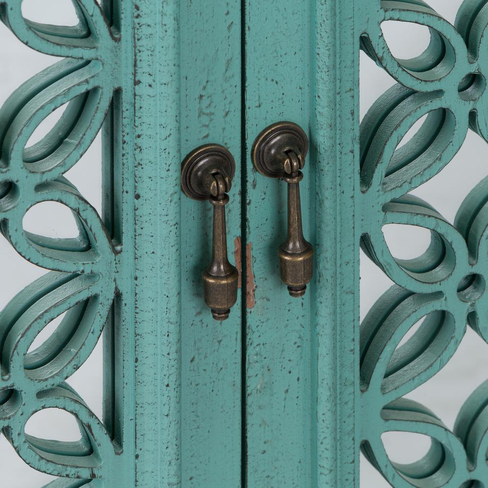 Kensington 4 Door Accent Cabinet in Turquoise w/ Worn Wood Tone Top. Picture 6