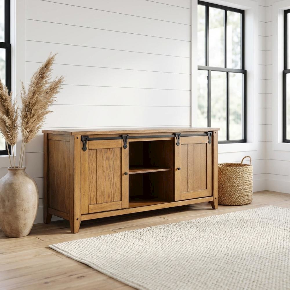 Rustic Oak TV Console with Solid and Manufactured Wood Construction. Picture 2