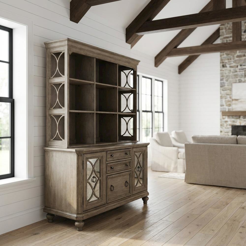 Brown Credenza and Hutch Set with Cottage Style Compact Storage. Picture 2