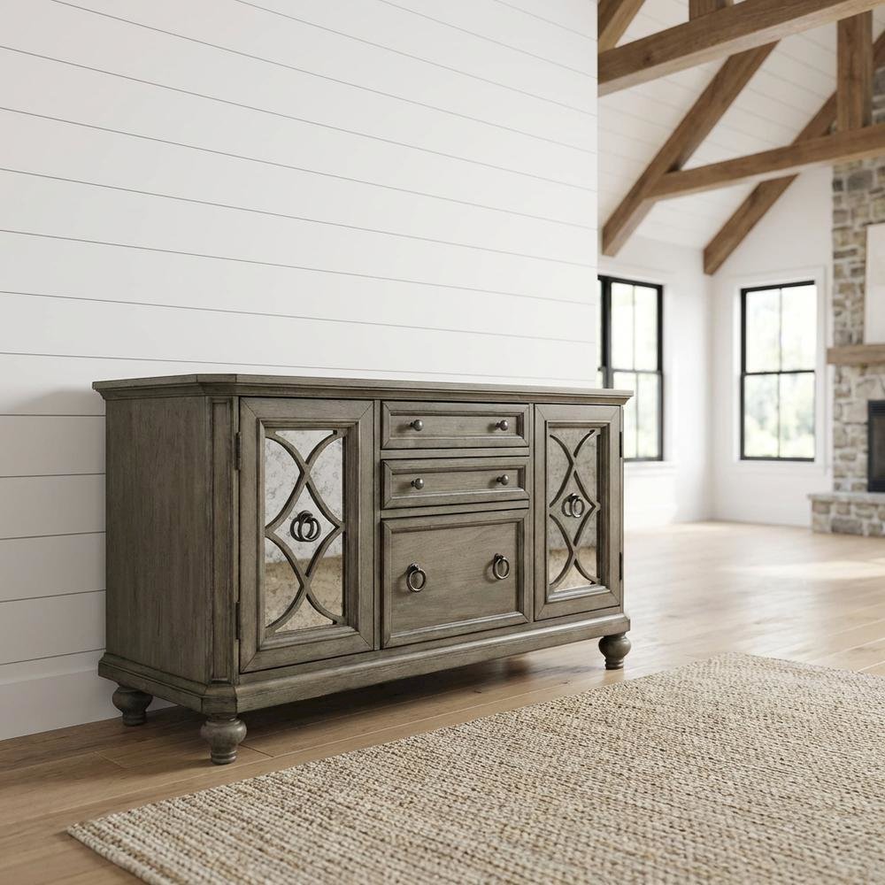 Rustic Credenza in Heathered Taupe with Storage and Wooden Finish. Picture 2