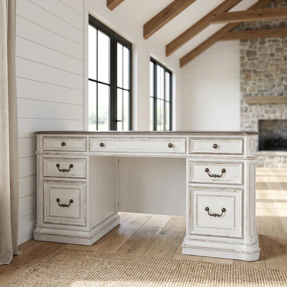 Antique White Credenza with Weathered Finish and Rubberwood Construction. Picture 2