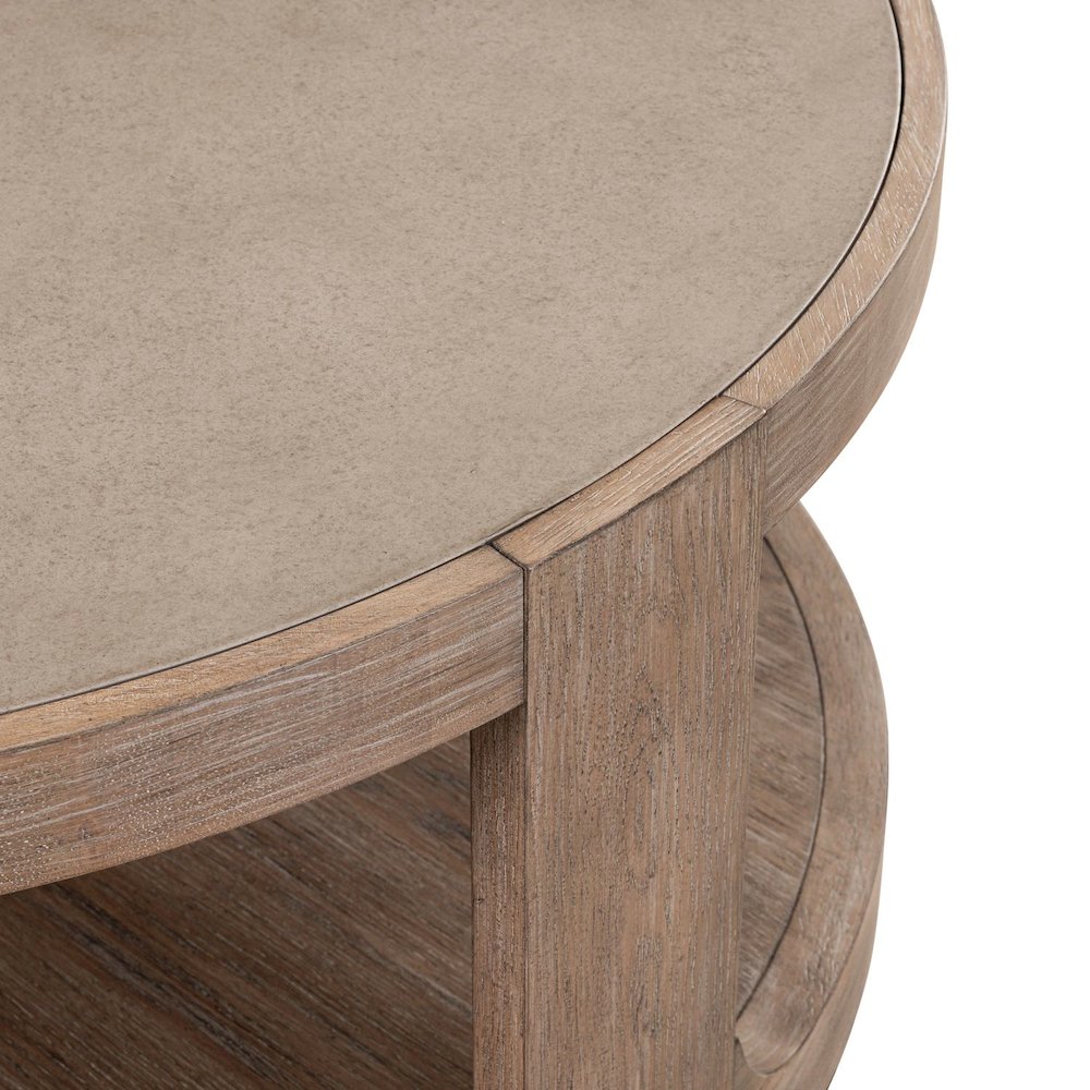 3 Piece Living Room Set Round Stone Cocktail Table, 2 End Tables - Clay Oak Wood. Picture 5