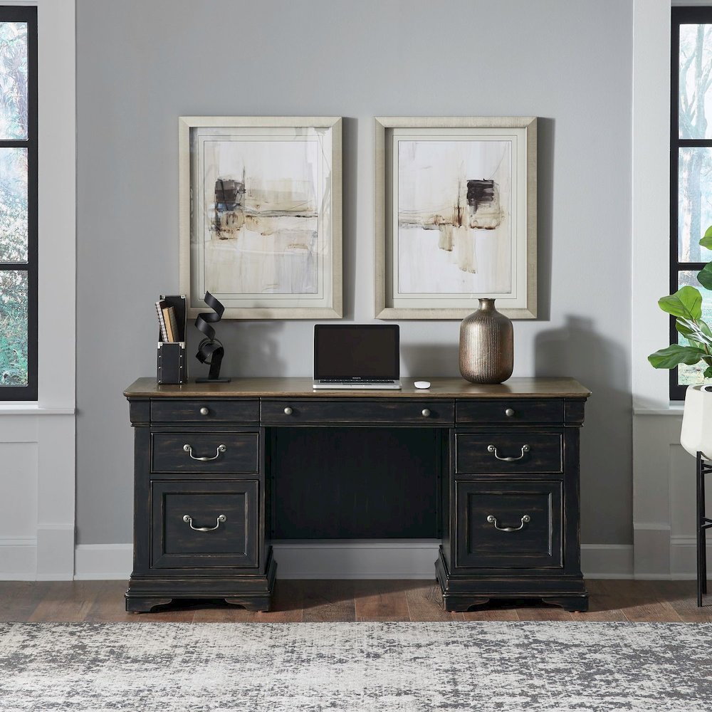 5 Piece Home Office Set with Desk, Credenza and Hutch - Aged Charcoal. Picture 8