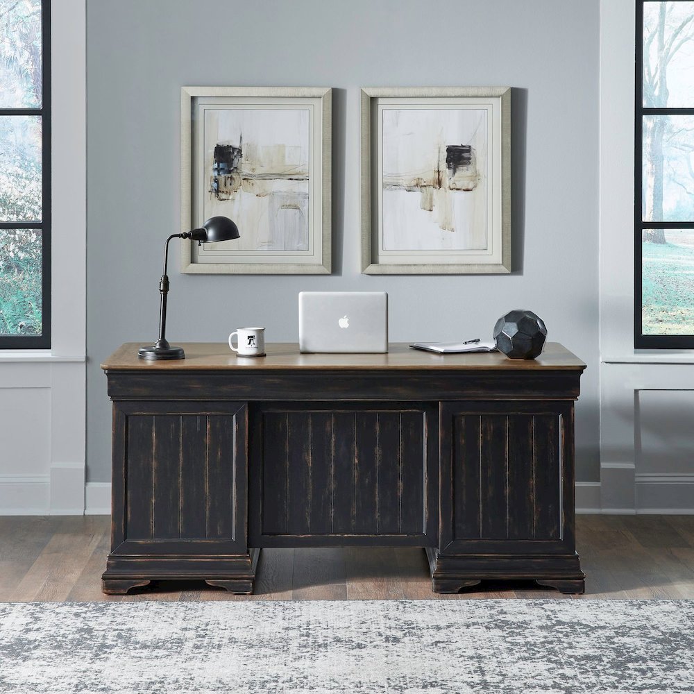 5 Piece Home Office Set with Desk, Credenza and Hutch - Aged Charcoal. Picture 4